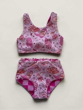 EUC Reversible Pink Western Cowboy Boot Hat Print 2PC Swimsuit